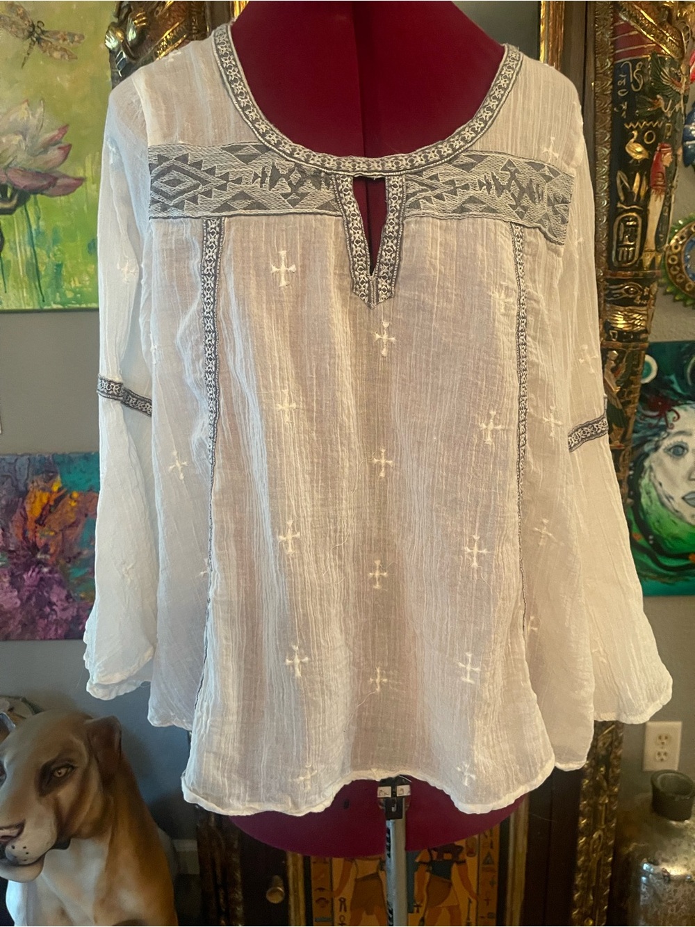 Cost Plus World Market White Boho Embroidered Peasant Top